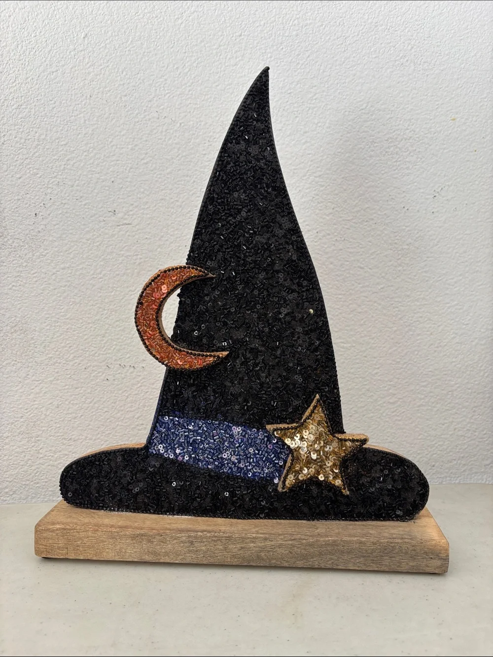 Sequin Witch Hat Holiday Décor - Black with Gold Star & Copper Moon